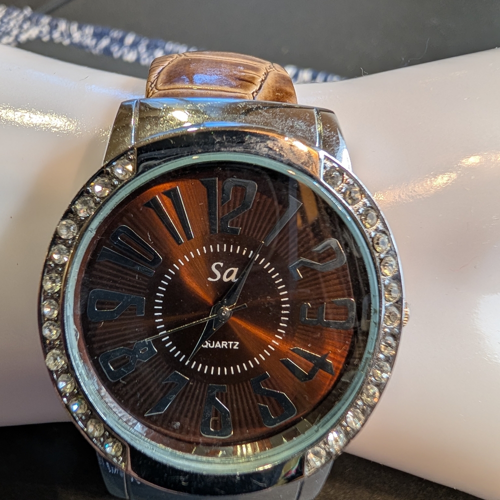 Brown and Silver Quartz Watch with Crystal Accents